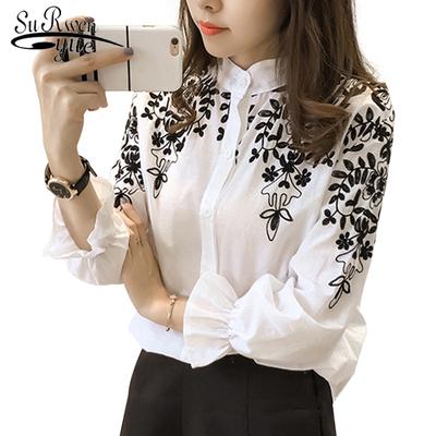Fashion Cotton White Shirt Female Floral Embroidery Women Blouse Casual Long Sleeve Vintage Plus Size Blouses Tops