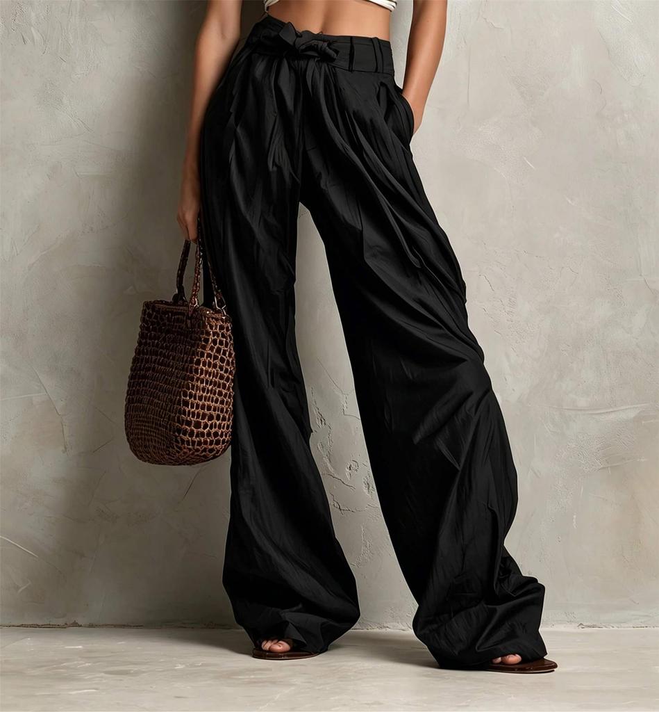 Women High Waist Wide Leg Pants Tie Front Belted Loose Palazzo Pants Multi-Color Casual Flowy Trousers