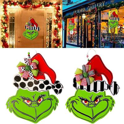 Grinch Christmas Wooden Wreath Front Door Welcome Sign Wall Home Decoration