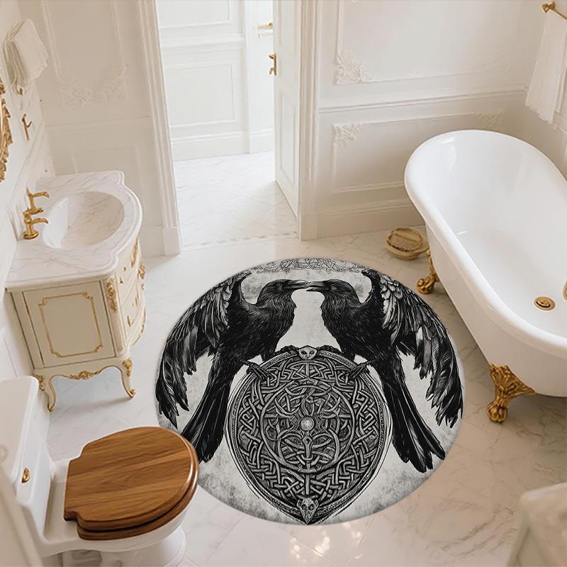 Two Crows with Runes,Round Area Rug,Carpet Rug for Living Room Bedroom Sofa Playroom Decor,Non-slip Floor Mat