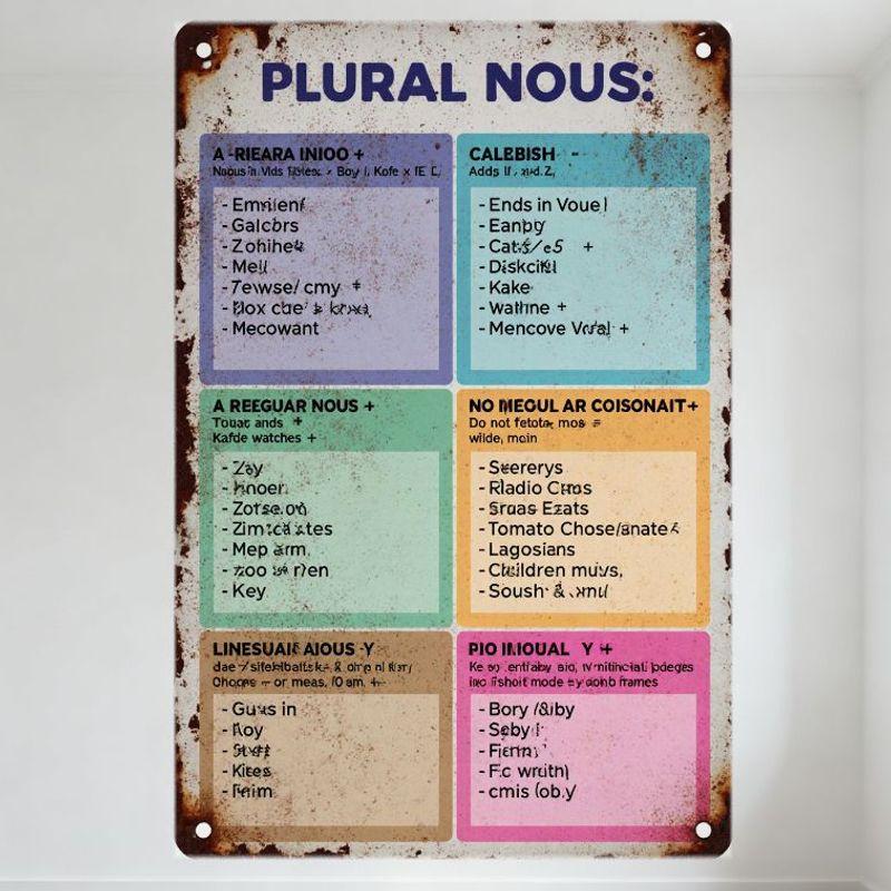 Vintage Plural Nouns Grammar Tin Sign Metal Sign for Classroom Home Office Decor - Weathered Aged Metal Plaque with English Rule