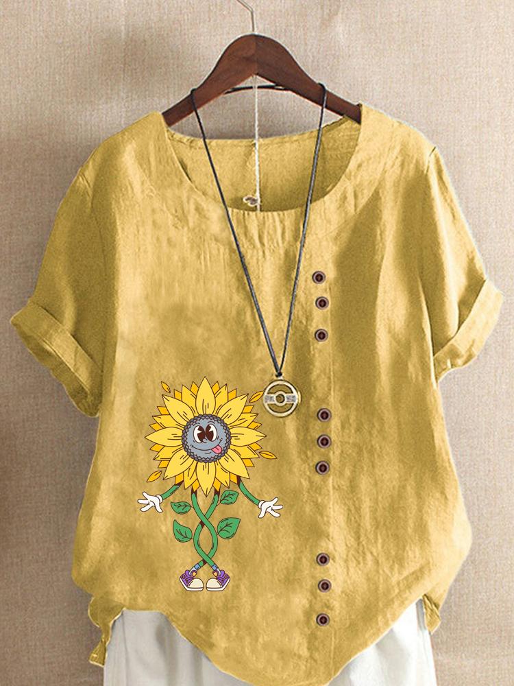 Women's Fashion Abstract Sunflower Print Casual Cotton Linen Short Sleeve Round Neck T-shirt Shirt Leisure Loose Summer Blouse Tops