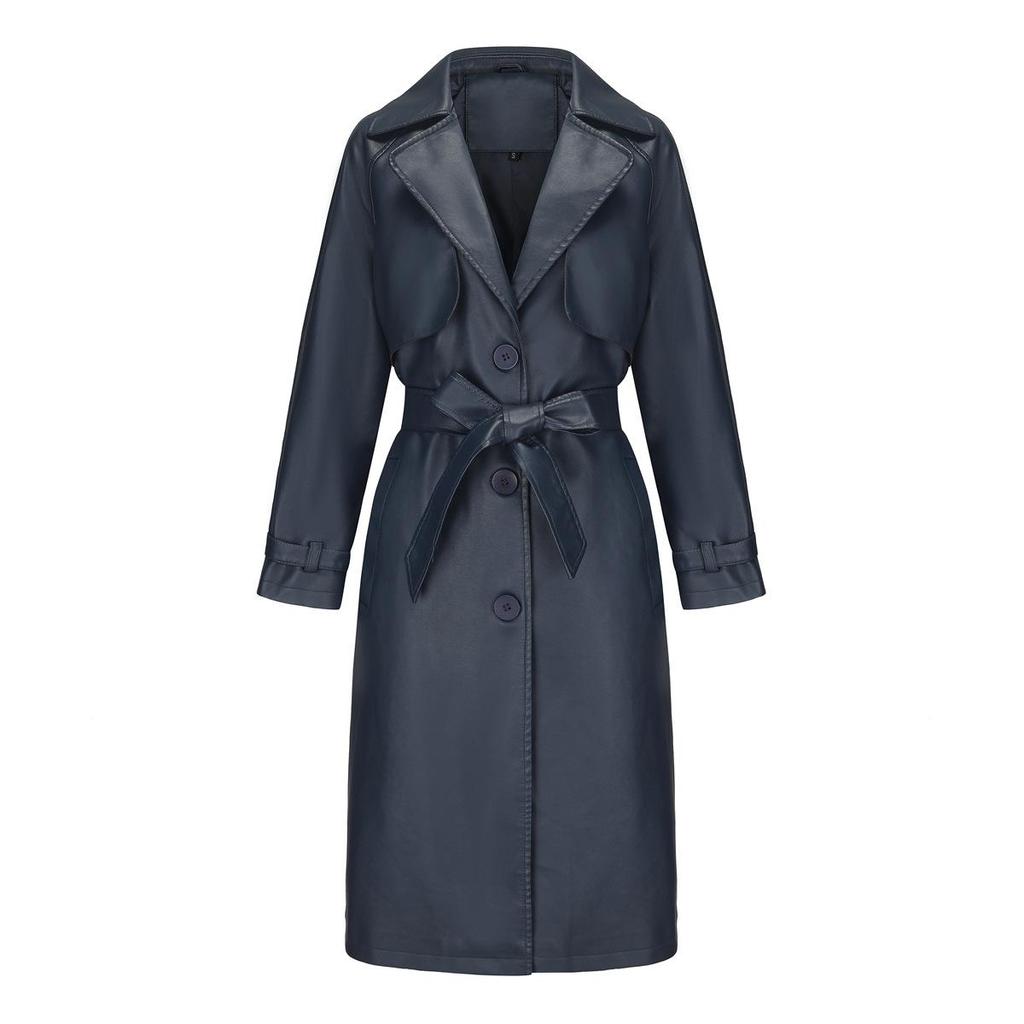 Trench da donna Giacca lunga ampia Giacca in pelle Cappotto classico con revers da donna
