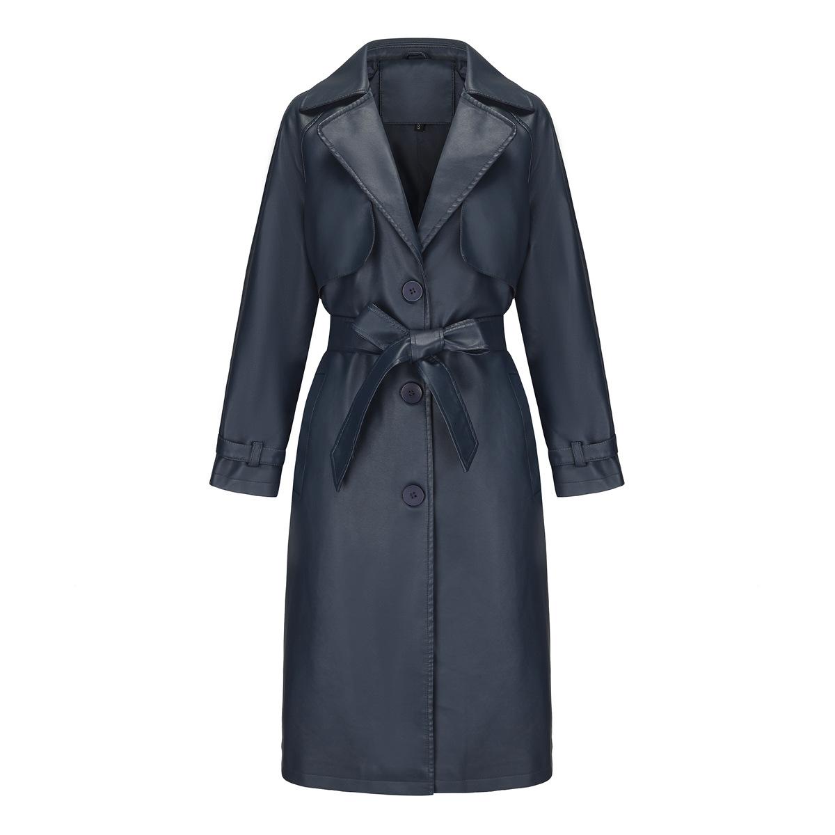 

2026 Spring Autumn Women s Classic Long Leather Jacket Female Fenale Lapel PU Leather Jacket For Women Oversize Jacket With Belt XXL темно-синього кольору
