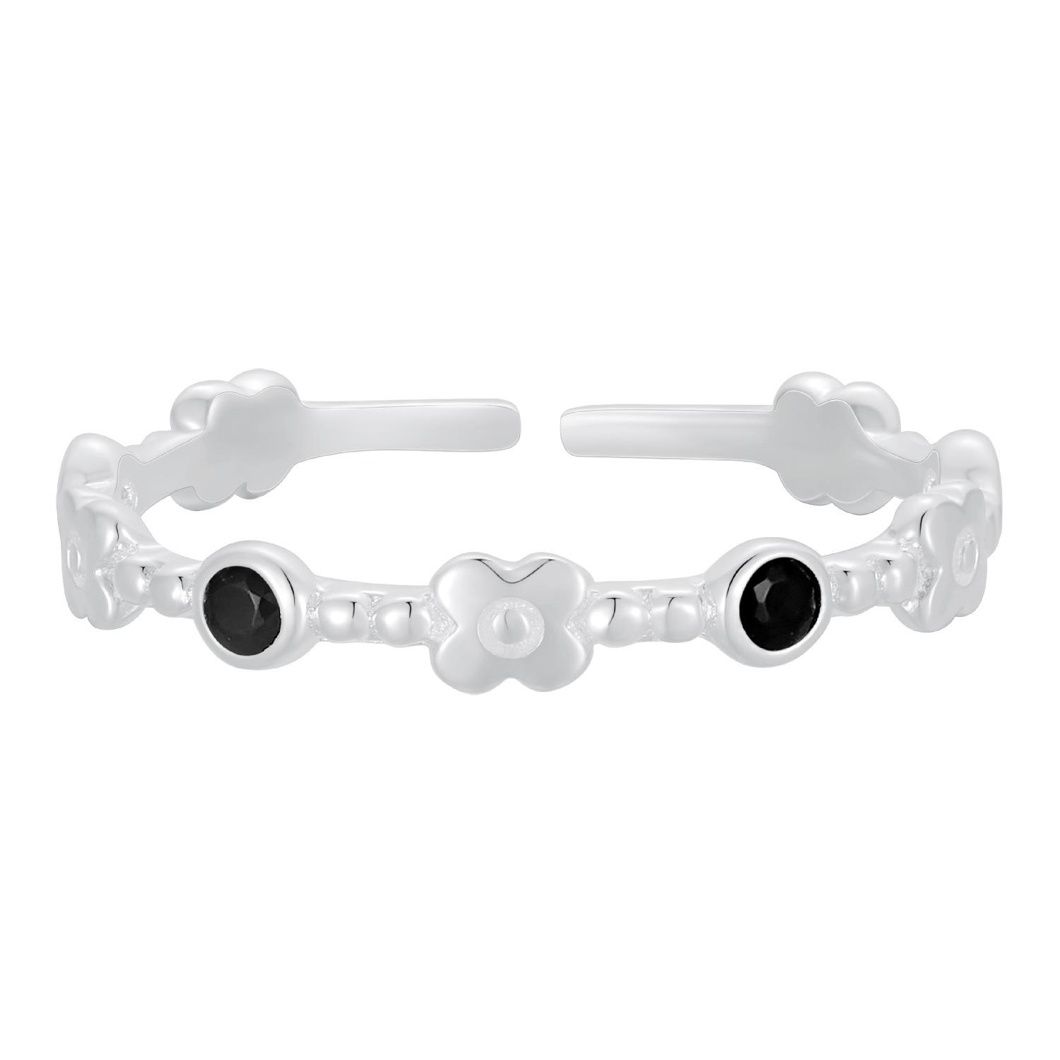 Korean Style Retro S925 Sterling Silver Black and White Flower Ring Adjustable Open