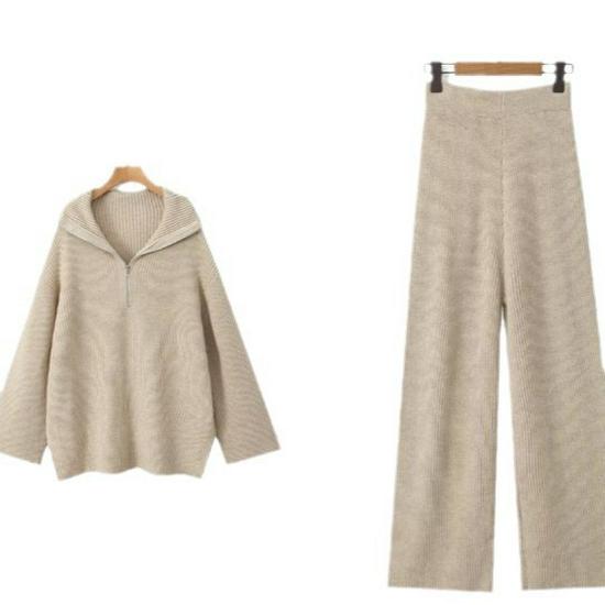 European and American Street Style Women's Loose Lapel High Waist Trousers and Knit Sweater Set