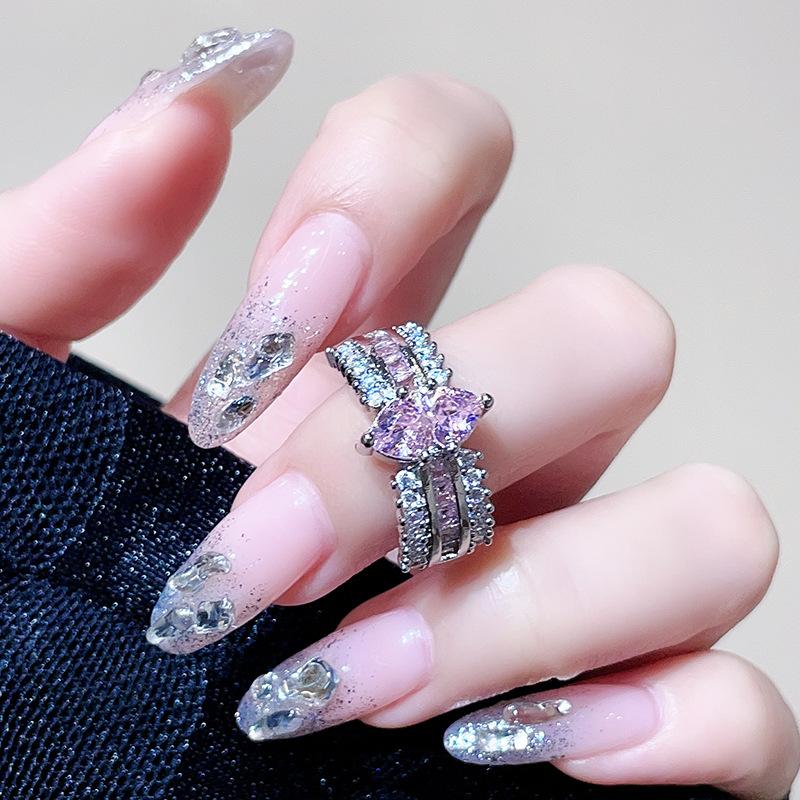 Niche Design Pear-Shaped Pink Zircon Multi-Layer Snake-Shaped Sweet And Cool Personality Open Ring Women'S Light Luxury High-End Ring