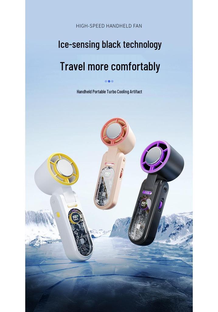 High-Speed USB Handheld Fan with Digital Display, Foldable Turbine, Mecha Style, Strong Wind & Semiconductor Refrigeration.