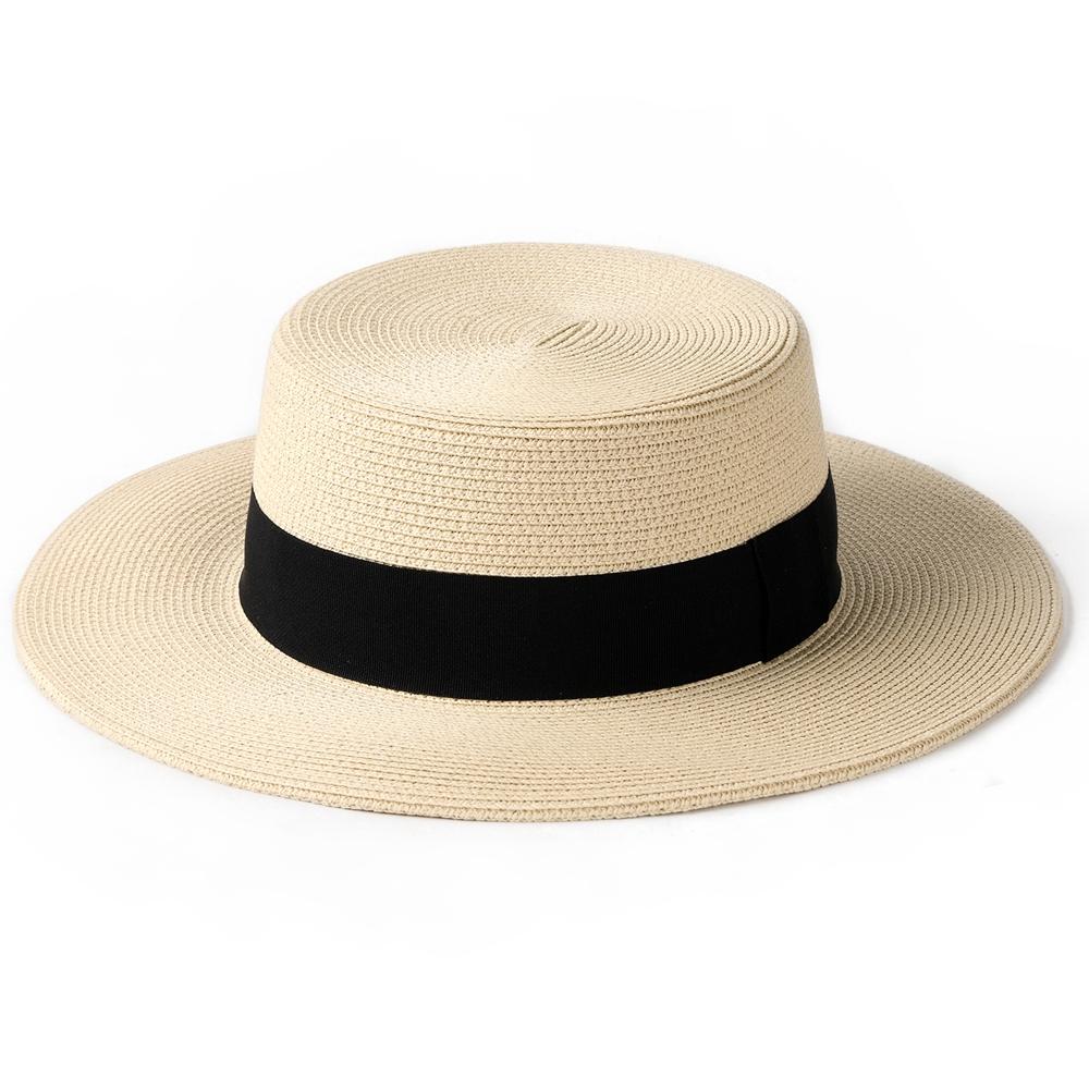Unisex Flat Top Boater Sun Hat - Foldable Straw Hat for Men & Women Summer Travel & Beach with Wide Brim UV Protection