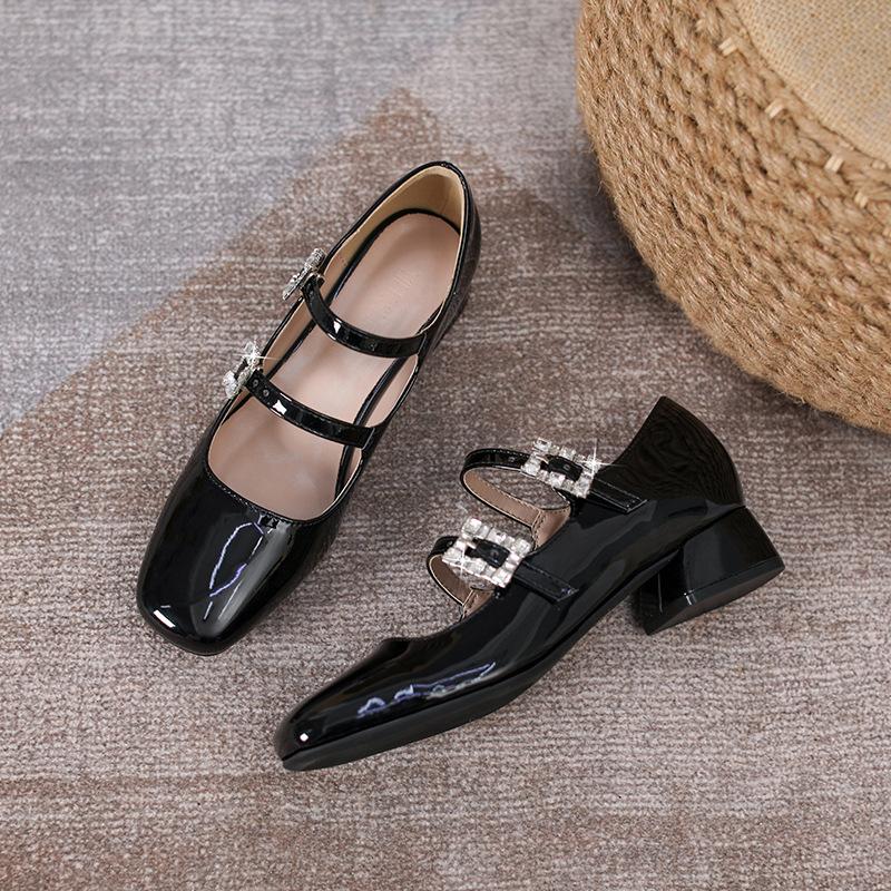 2024 new square head rhinestone buckle with thick heel Mary Jane patent leather single shoes women's wedding shoes with shallow mouth