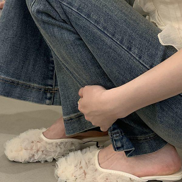 Korean Version of Lace Princess Shoes, Mesh Yarn, Breathable Square Head Low-heeled Shoes, Wearing Bag Head and Half Slippers, Lazy Dragging Fair