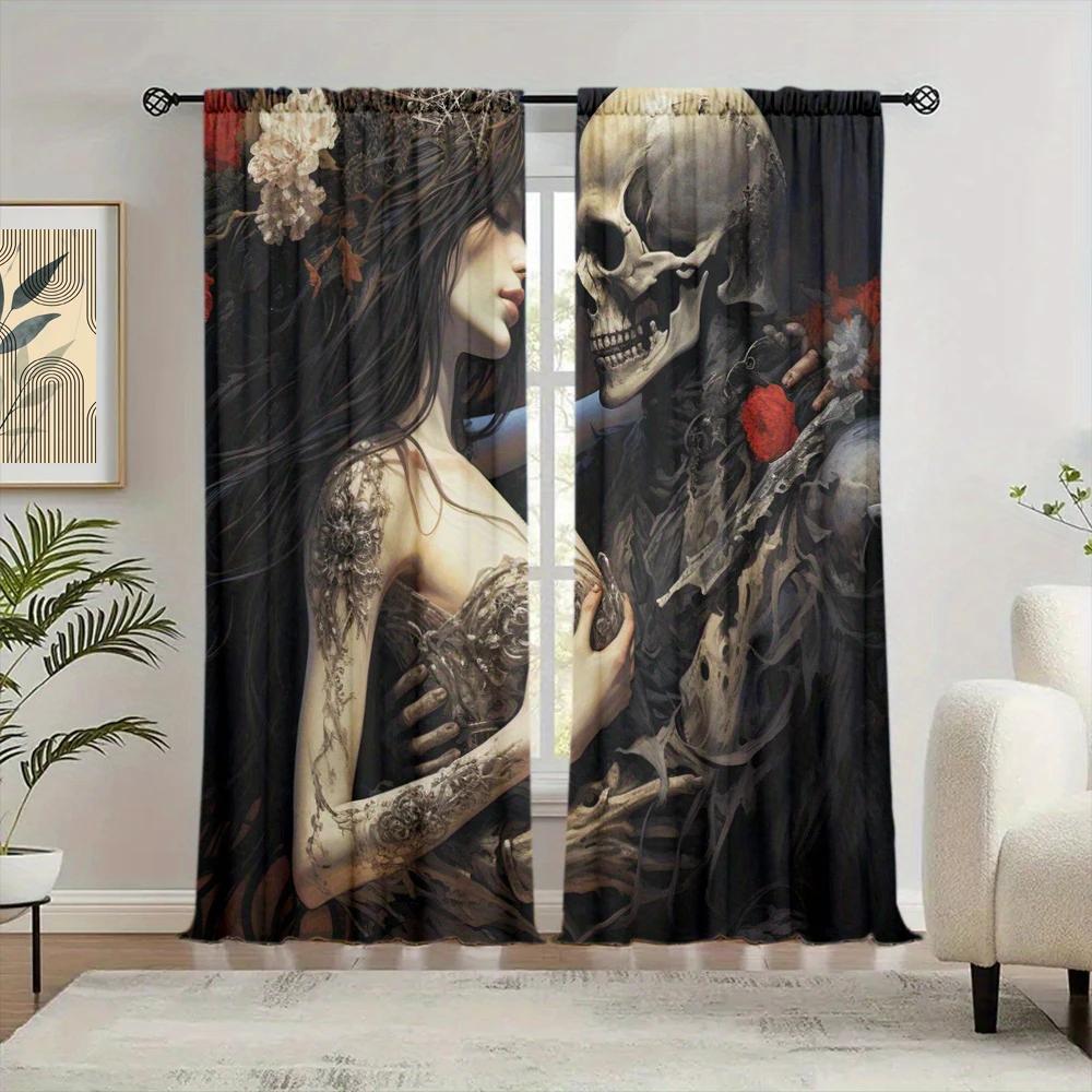 2pcs Couple Skeleton Art Printed Curtain for Home Decor - Rod Pocket Window Treatment for Bedroom, Office, Kitchen, Living Room