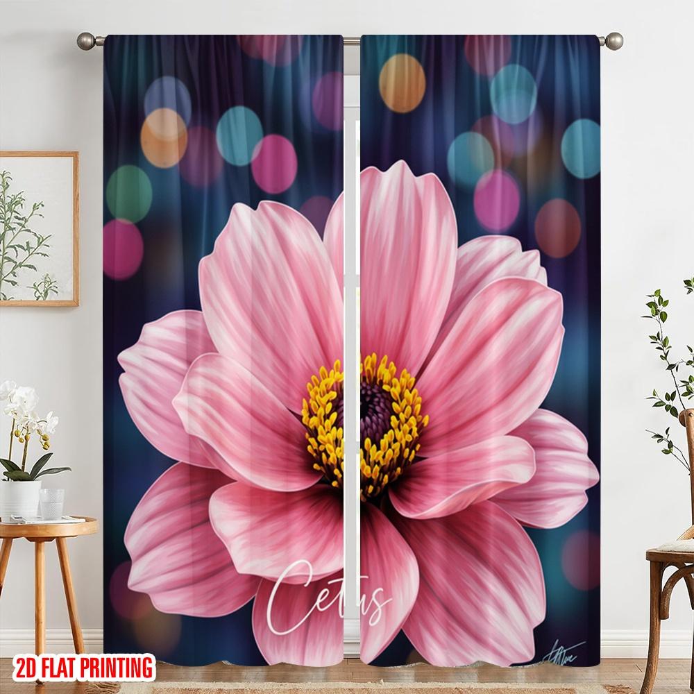 2pcs 2D Flat Printing Scene Curtain Pink Flower Bloom Polyester Without Electricity All Season Party & Holiday Decor Use for