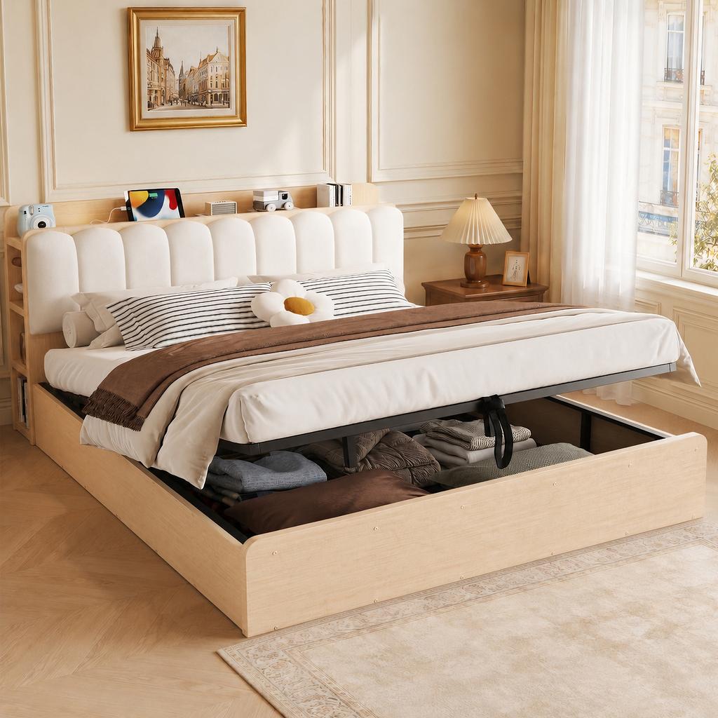 Wooden bed 180 × 200 cm, hydraulic frame, storage space, upholstered headrest, headboard, shelf, compartment, USB port, night light, wood colour
