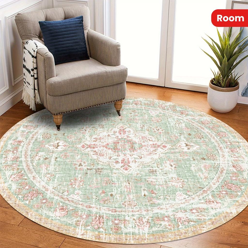 Crystal Velvet carpetBohemian Style Round Area Mat - Vintage Washable Machine-Made Polyester Mat with Non-Slip Rubber Backing,
