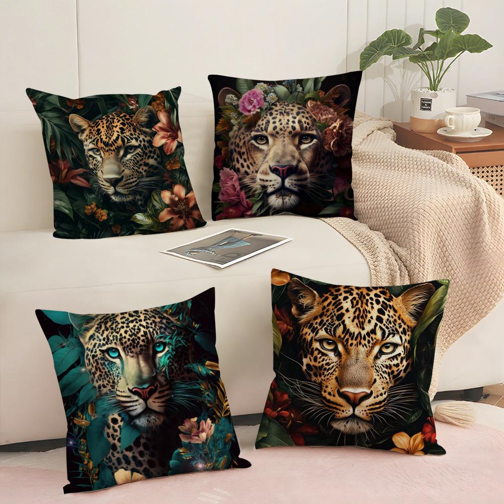 Leopard With Wreath Animals Cushion Cover Soft Short Plush Pillow Cover Smooth Cozy Texture Aesthetic Cushion Case Home Decor