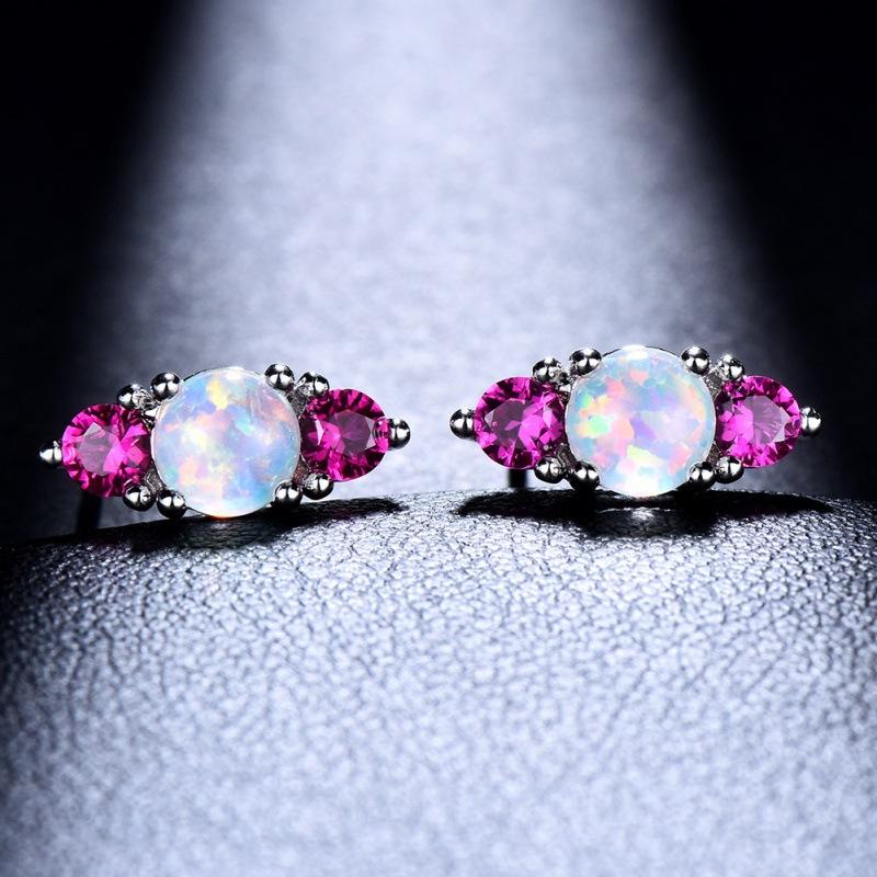 Internet Celebrity Simple Cold Wind's Round Opal with Diamond Stud Earrings Women's Exquisite Small Jewelry