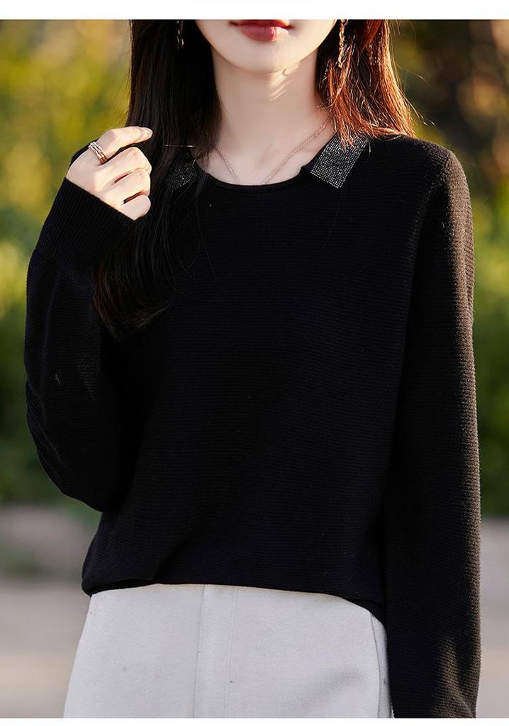 Small Lapel Fine Wool Knitted Pullover Sweater for Women - 2025 Autumn/Winter Collection, Solid Color, Loose Fit, Base Layer