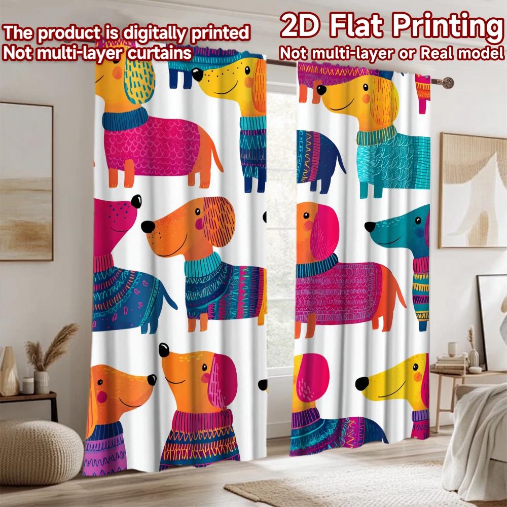 2D flat printing 2pcs Scene Curtains Dachshunds Cute Dogs Digital Printed Polyester Drapes Holiday Decorations Use for Holiday