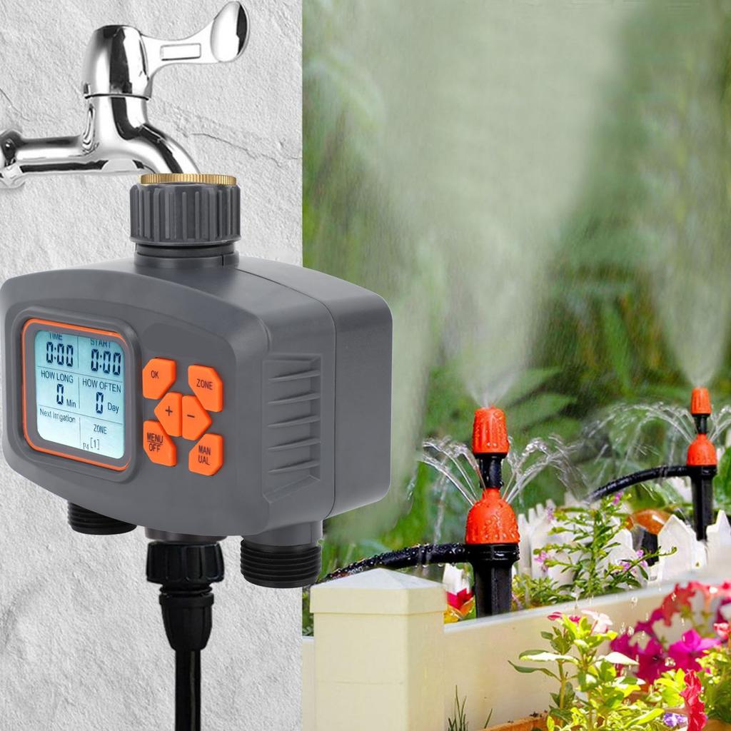 2 Outlet Hose Watering Timer with Rain Sensor, Automatic Irrigation Controller for Lawns, Gardens, Plants, G3Celsius4 Male to G1Celsius2 Female Adapte