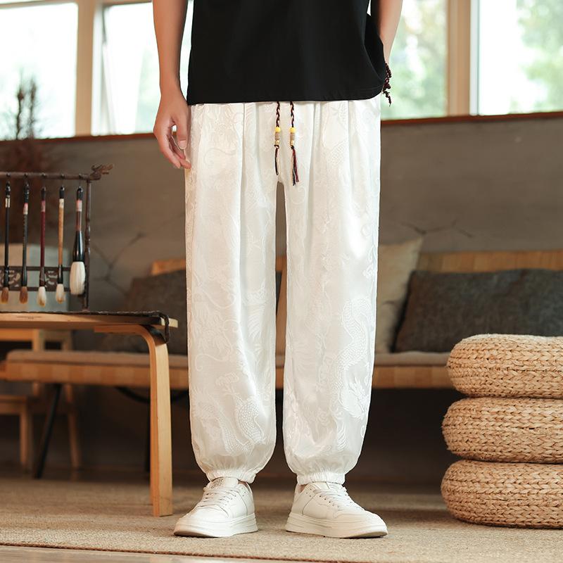 

Men Outdoor Brand Pants Lce Silk Dragon Dark Flower Loose Bloomers High Quality Wide Leg Casual Pants Male M білий
