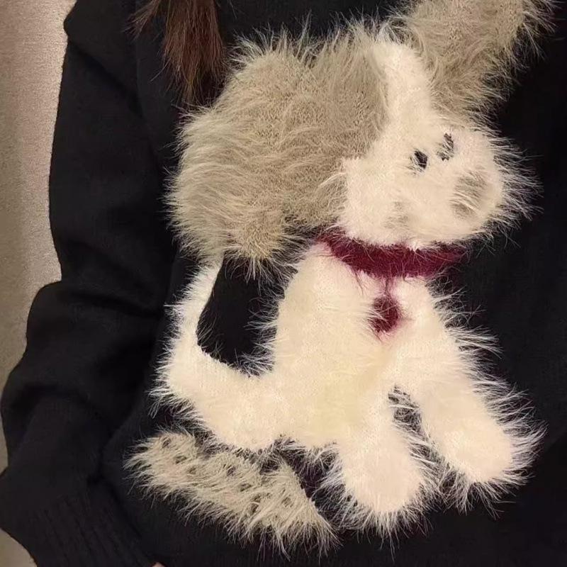 Autumn/Winter Small Dog Jacquard Sweater: Women's Casual Loose-Fit, Age-Reducing, Trendy Round Neck Knitwear.
