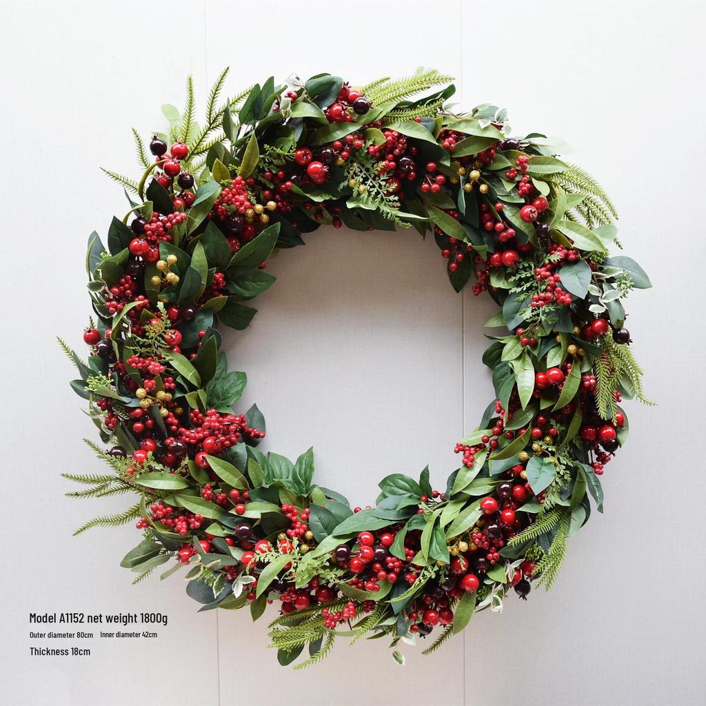 Handmade Christmas Wreath with Red Berries & Green Leaves on Steel Ring for Door Decoration