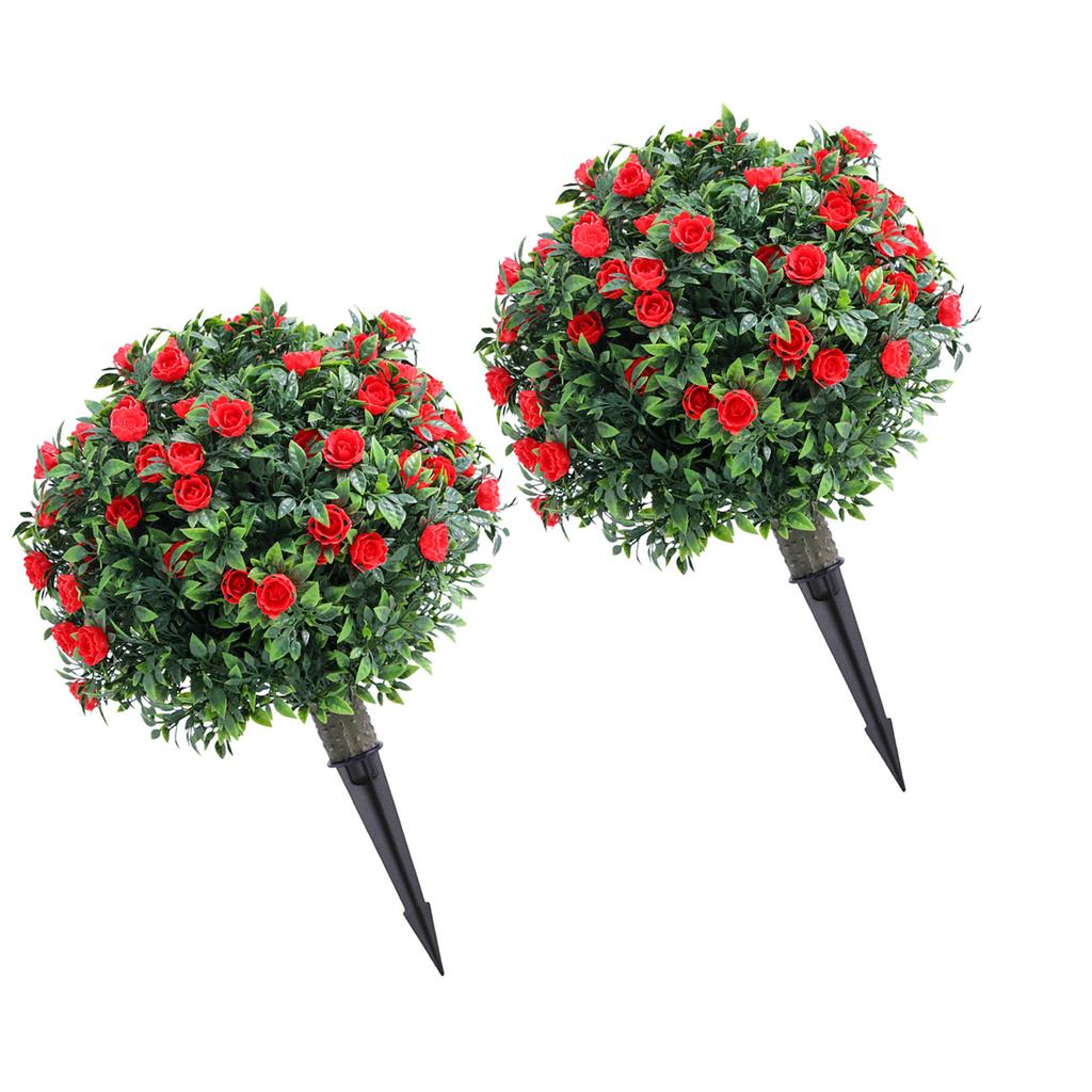 Artificial Rose Topiary Ball Tree 17.7 Inch PE Fake Plant Faux Greenery Shrub Bush with Ground Spike for Garden Porch