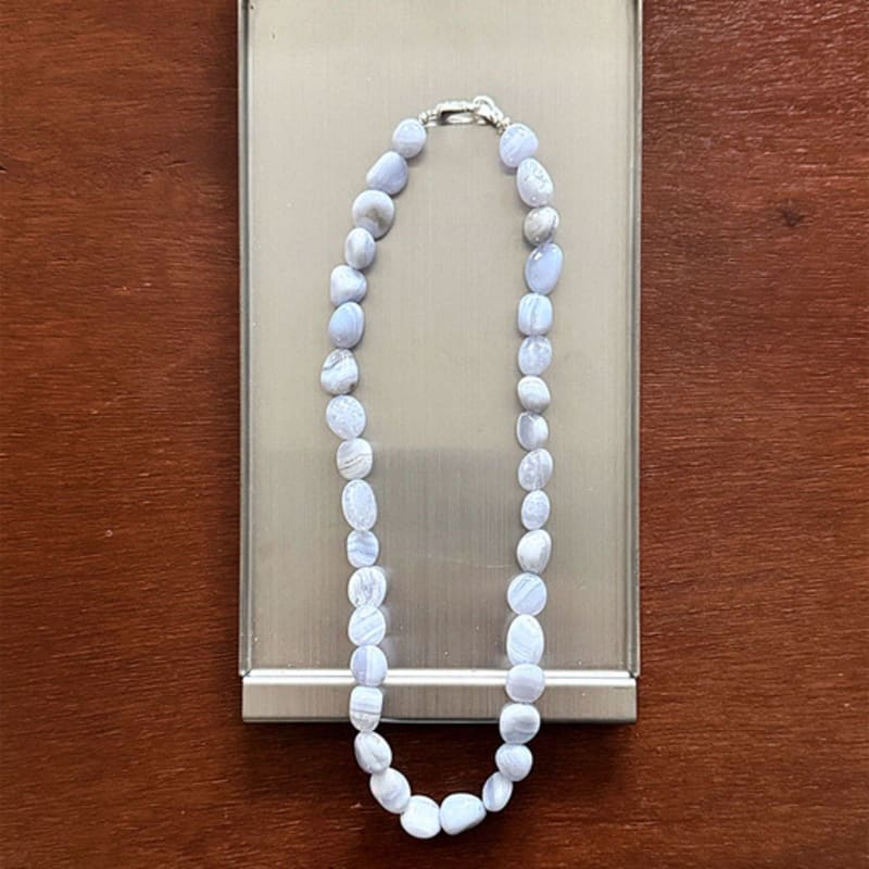 

August Harmony 925silver Bluelace agate Pebble Necklace One