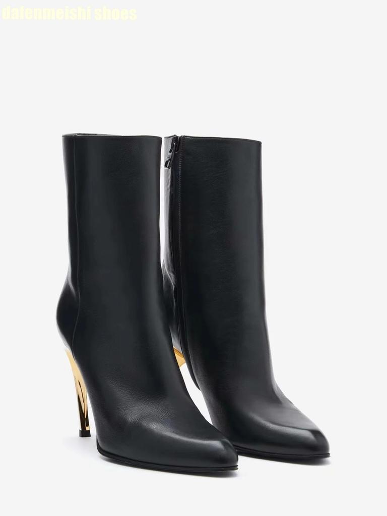 Botas Cortas de Tacón Alto Stiletto Estilo Metálico Extraño 2025 Nuevas Botas de Punta Hasta la Pantorrilla Cremallera Lateral Botas Negras para Mujer