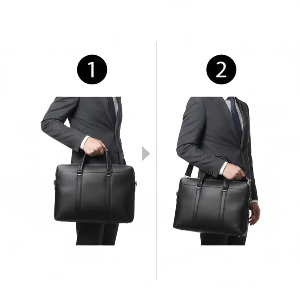 YOISA Briefcase, Premium Business Tote Bag for Men and Women, A4 Size Fit, Black, with Shoulder Strap, Genuine Cowhide Leather, Brass Zipper, Perfect