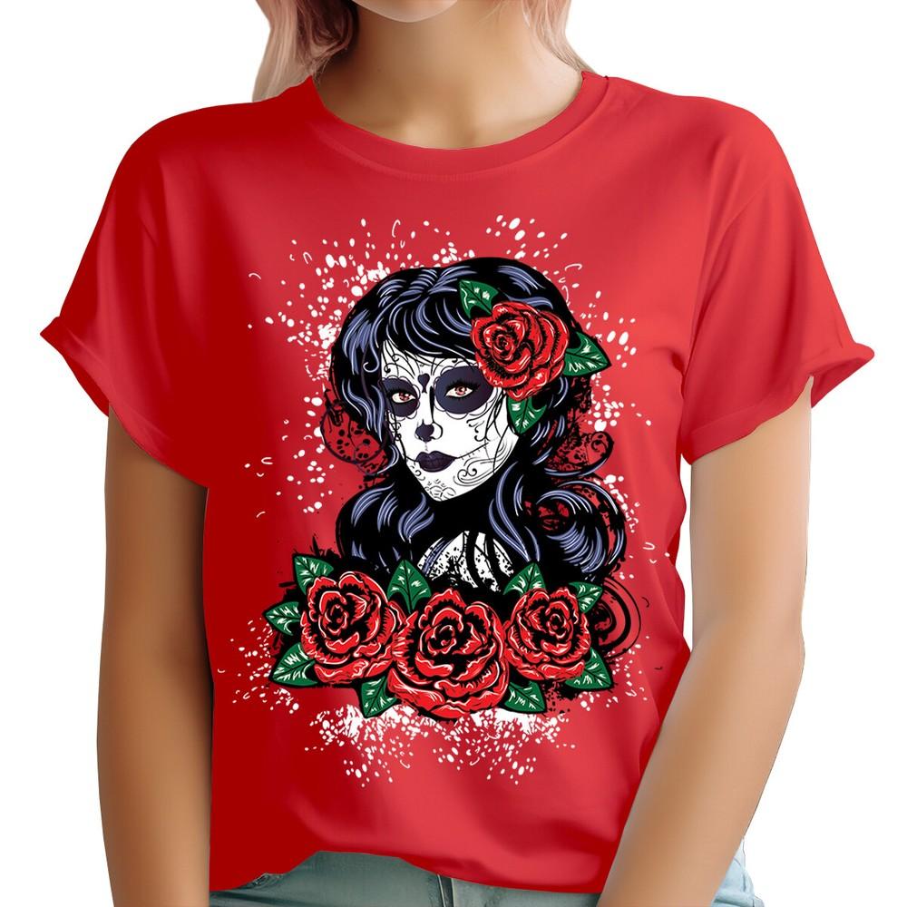 Day Of The Dead Sugar Skull TShirt Gothic Style Black Dress With Roses DT2382 S