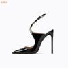 Black Slingback Cross Strap Women Pumps Thin Heels Patent Leather Shoes Ankle Strap Spring/autumn Pointed Toe Dress Career Pumps