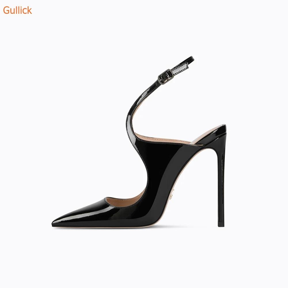 Fashion Black Slingback Cross Strap Women Pumps Thin Heels Patent Leather Shoes Ankle Strap Spring/autumn Pointed Toe Dress Career Pumps
