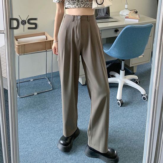 Women Suit Pants Button Zipper Fly High Waist Long Trousers Solid Color Straight Wide Leg Office Lady Pants