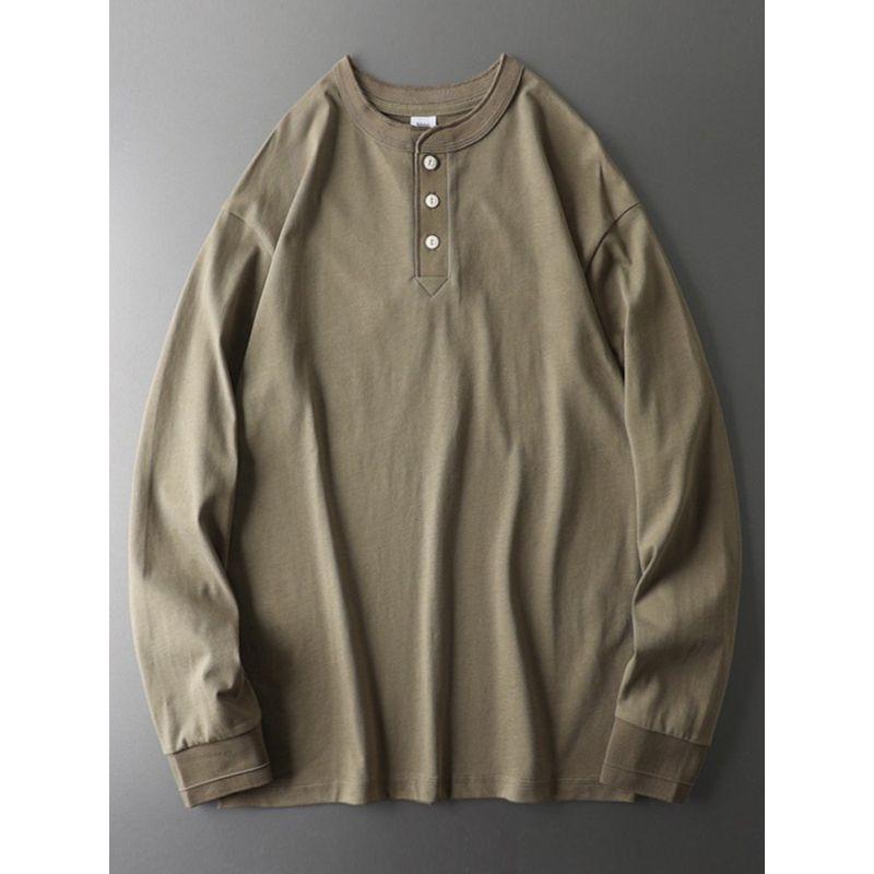 Henley Shirt American Style Heavy Men's Long-Sleeved 100% Cotton Coat Foreign Trade Export Original Last Order Men's G Henry Collar T-shirt
