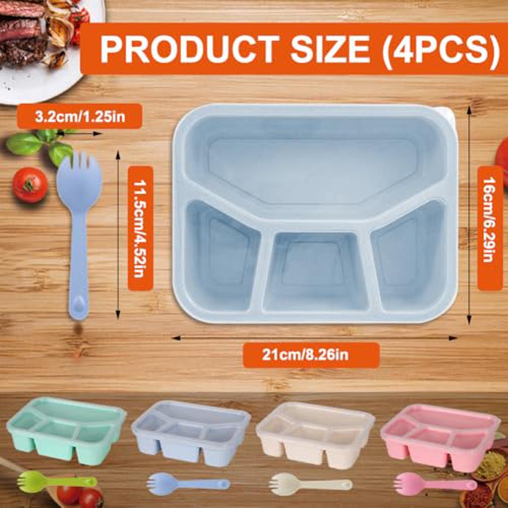1set Lunchbox Set Microwaveable Reusable Leakproof 21x16x6cm Red,White,Blue,Green Four Vibrant Lunchboxes With Fruit Forks