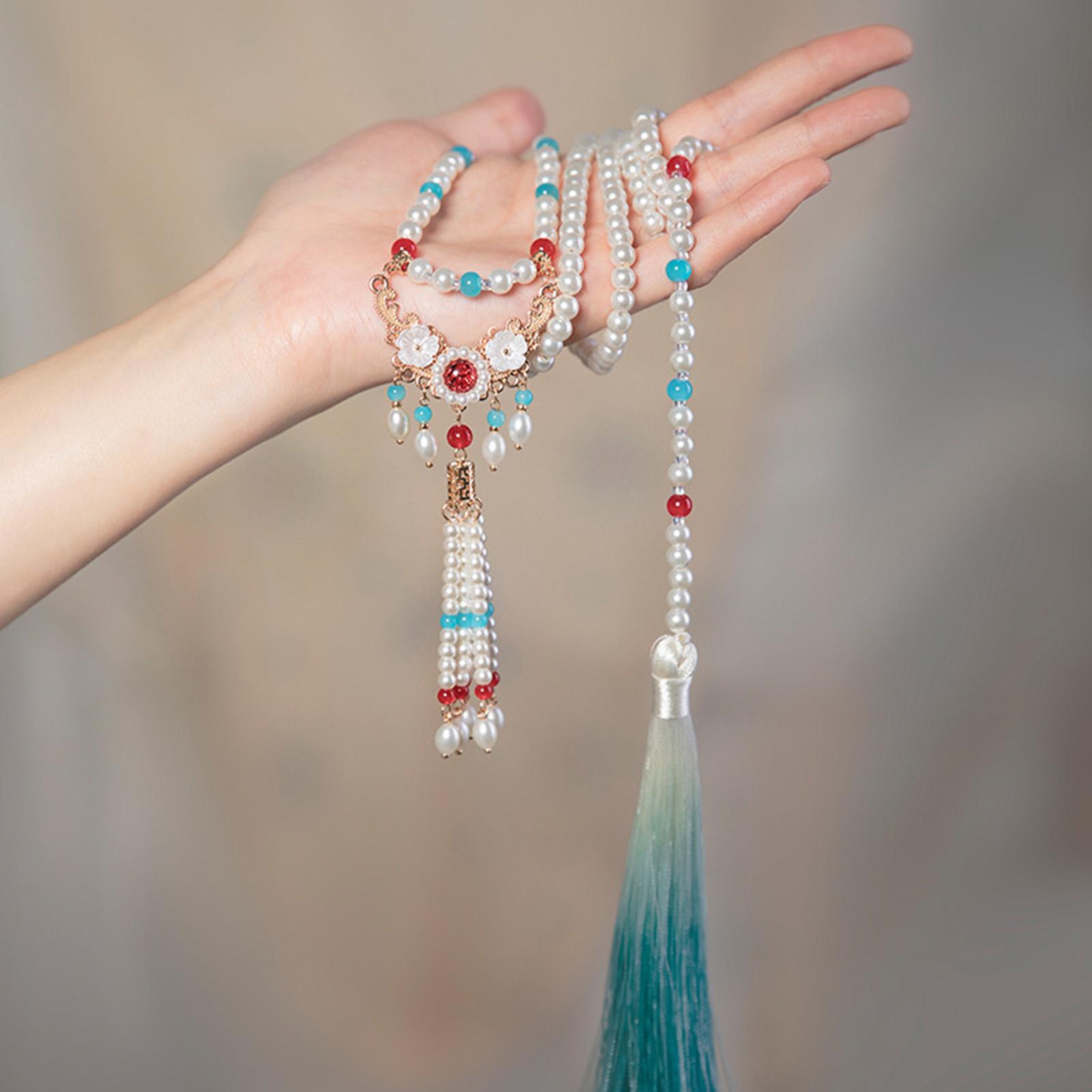 Pearls Necklace with Long Tassel Trendy Classic Style Neck Decor Necklace for Bridesmaid Wedding Masquerade Tacitly Approve синий/небо