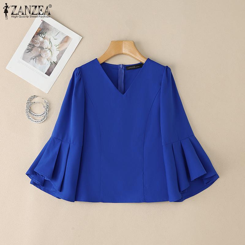 ZANZEA Women Elegant Casual V-Neck Flare Sleeve Summer Blouse