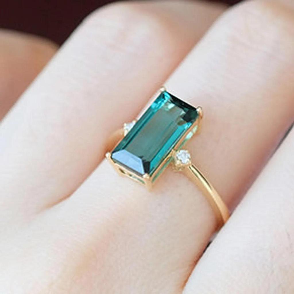 Green Sapphire Baguette Ring, Diamond Silver Cocktail Wedding Ring Long Sapphire Engagement Anniversary Ring Jewelry Gift For Her