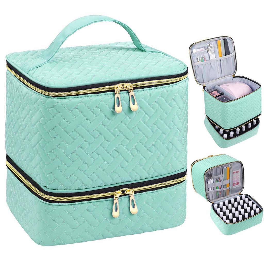 Double-Layer Quilted Waterproof Makeup Bag - Holds 30 Nail Polish Bottles, Portable, Multi-Functional Travel Storage.