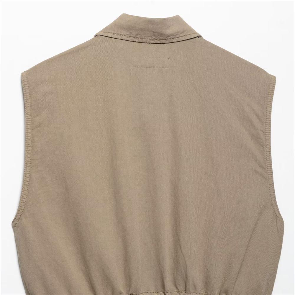 2025 Spring/Summer Women's Slim Fit Sleeveless Lapel Dress with Pocket Detail