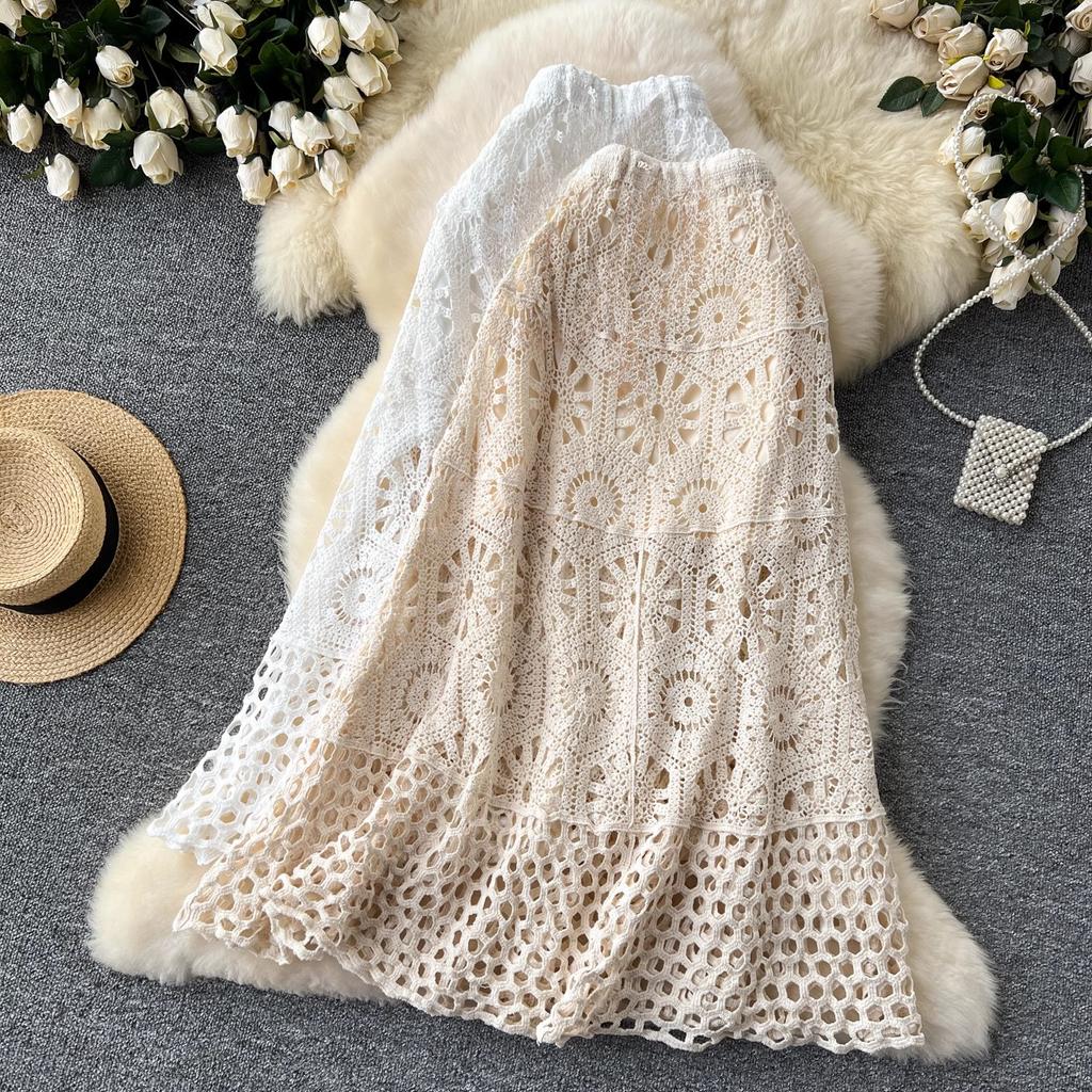 Skirt Women Knitting Lace Long Solid Hollow Out Sexy Hollow Summer Style Loose Basic
