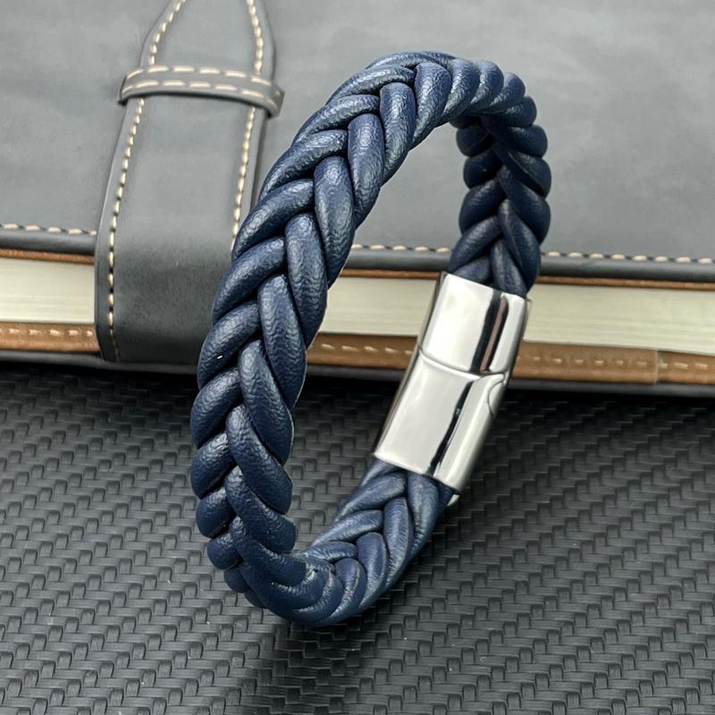 Punk Men Braided Leather Bracelet Jewelry Black/Brown/Red/Blue Stainless Steel Magnetic Clasp Fashion Bangles Charm Bracelets