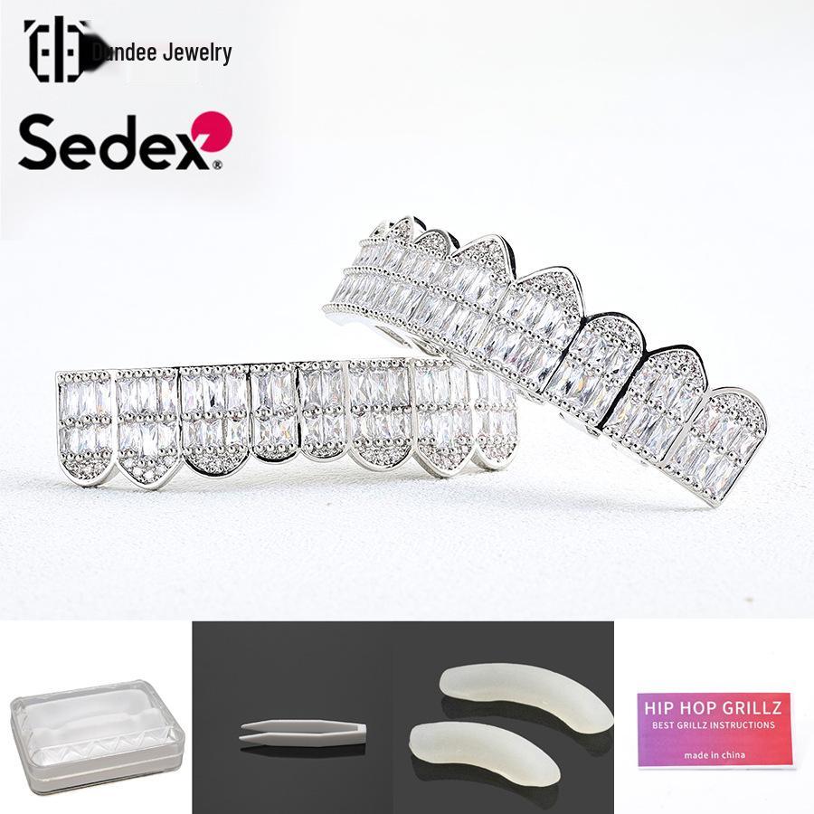 Grillz din Cupru Placat cu Aur Real de 14K și Zirconiu – Halloween Hip Hop Exagerat Rap Bijuterii pentru Dinți cu Diamante