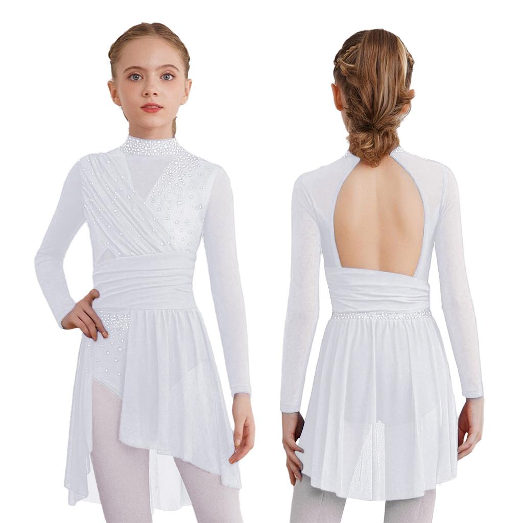 Jenter Lyrisk Dansedrakt Mock Neck Lange Ermer Utringet Rygg Sidesplitt Gjennomsiktig Mesh Rynkede Leotarder