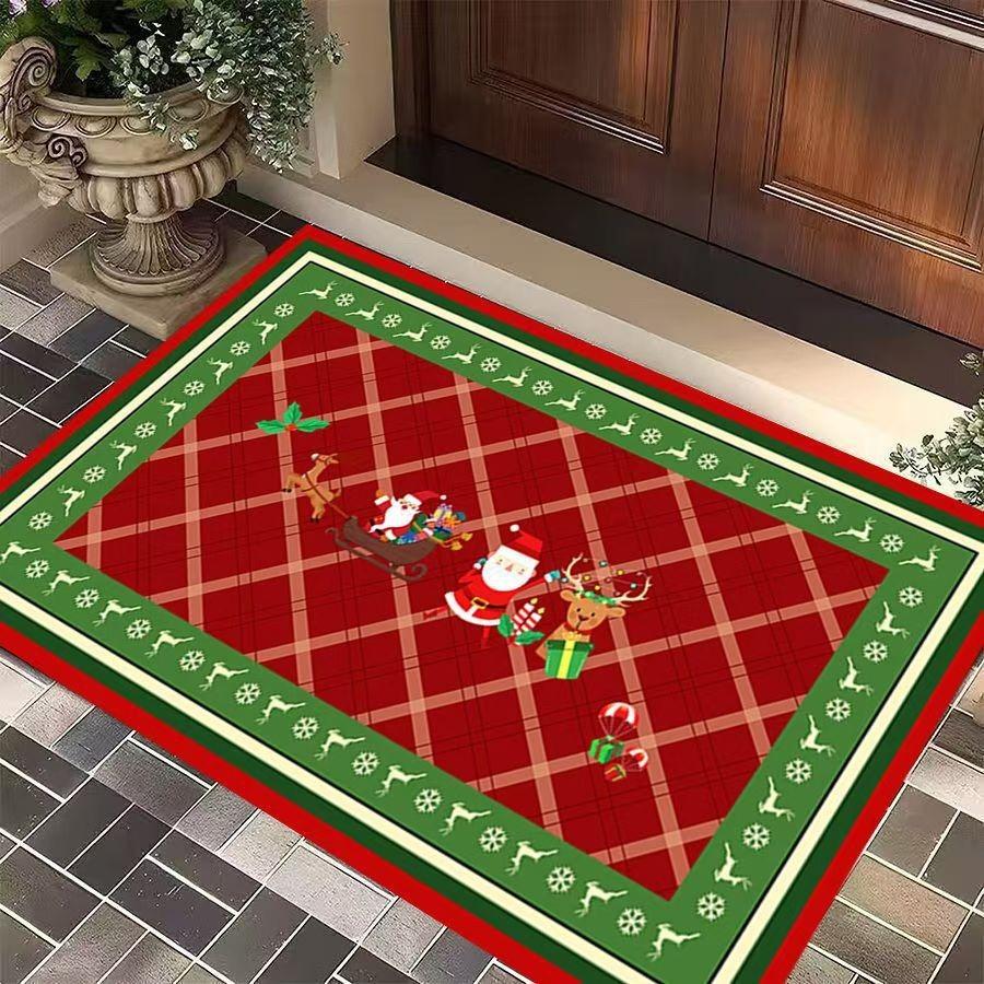 Christmas Day Carpet Red Green Grid Anti Slip Carpet Christmas Tree Decoration Entrance Mat Holiday Atmosphere Floor Mat