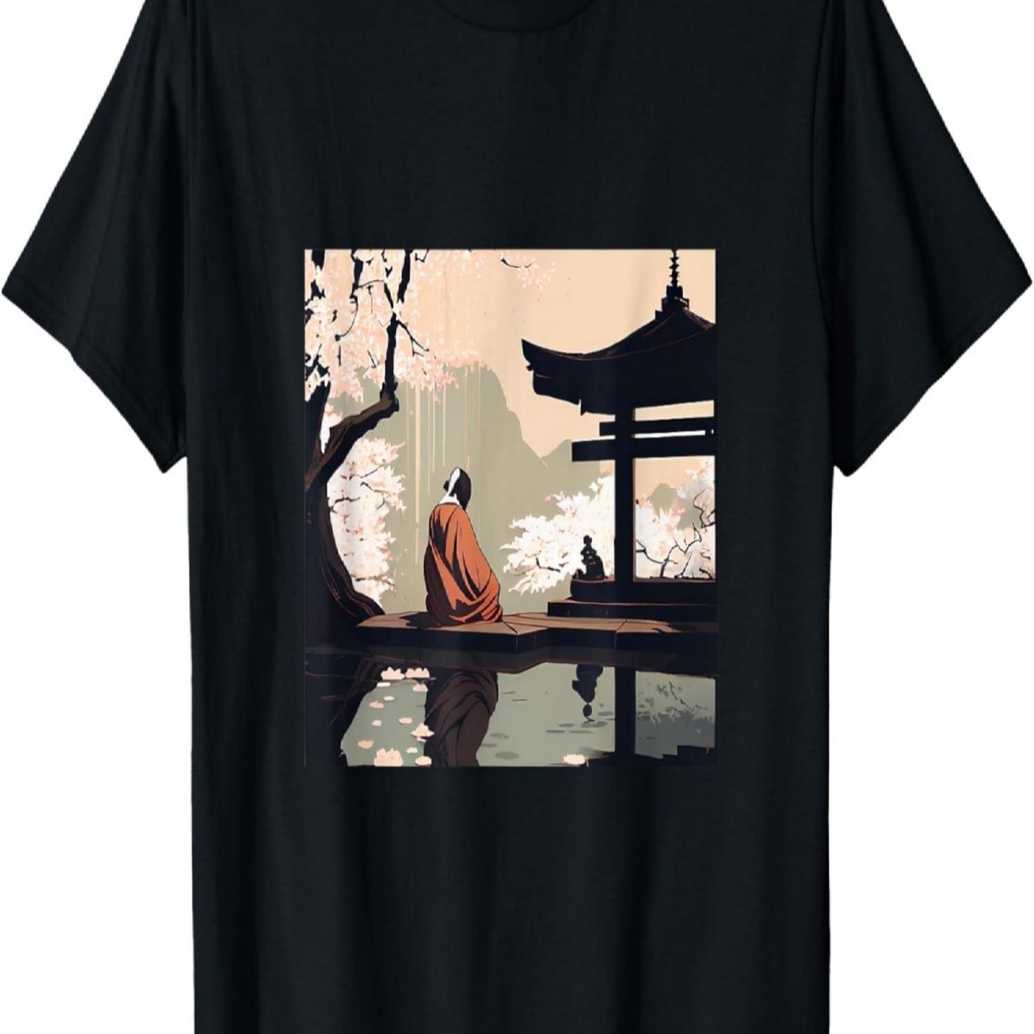 Monk meditating  garden shrine Cherry blossoms Pond T-Shirt S