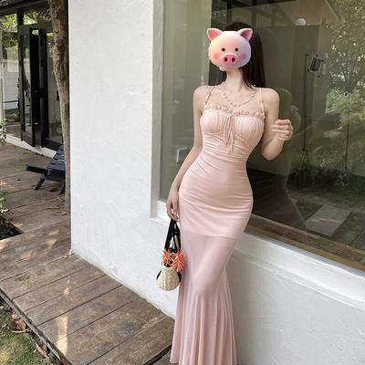 French Pure Desire Spice Girl Temperament Waist Suspender Dress Slim and Thin Design Pink Fishtail Hip Skirt