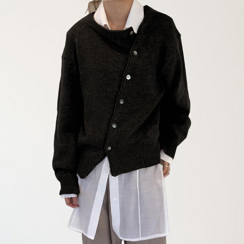 

Women s Korean Version Round Neck Knitted Jacket - Spring and Autumn Sweater with Oblique Buckle Irregular Design XXL чорний